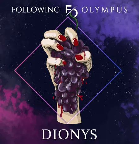 A hand squishing grapes. There is a text Dionys at the bottom