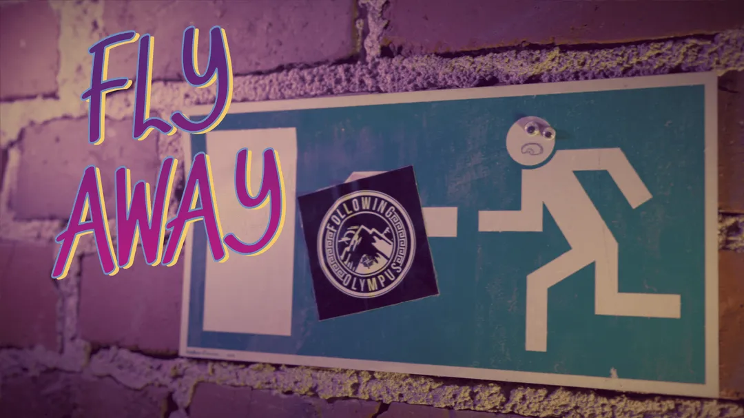 Band Sticker on the wall. Fly Away is visible on the left