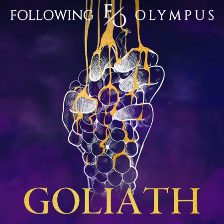A hand squishing grapes drawn schematically. Liquid gold is flowing on top of hand and through the grapes. There is a text Goliath at the bottom