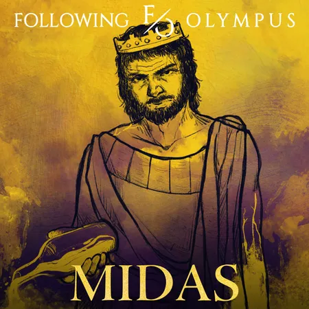 King Midas looks angrily and tired. A golden liquid leaves the bottle in his hand.